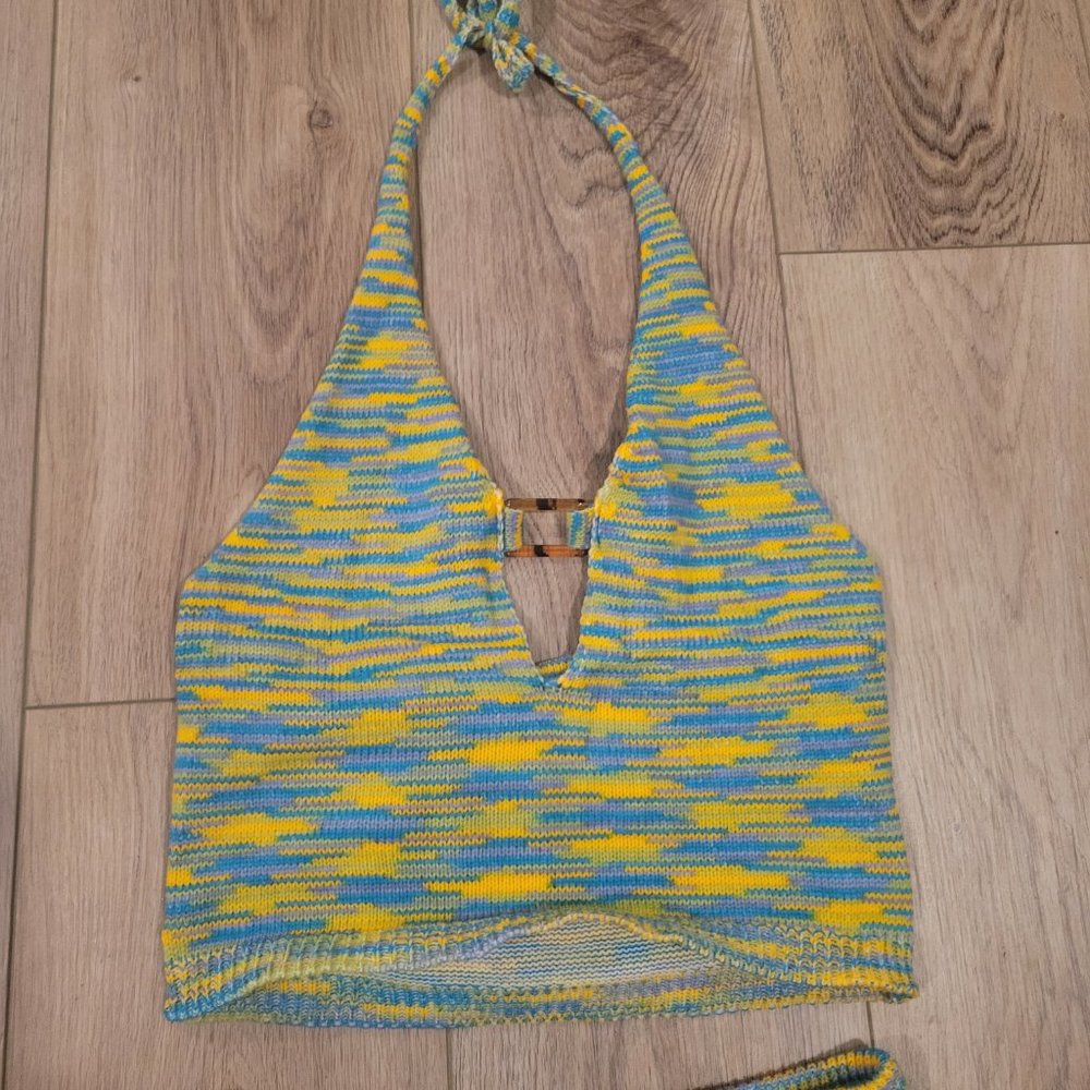 Blue and Yellow High Waist Halter Top Knit Two Piece Set